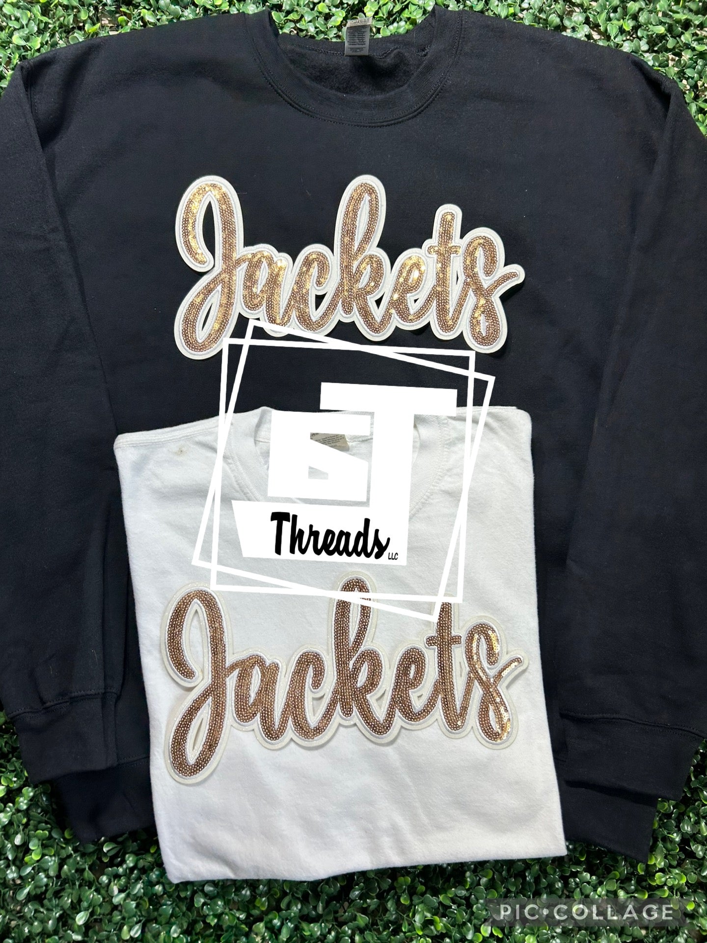 gold and white cursive sequin jackets patch on black sweatshirt and white shirt