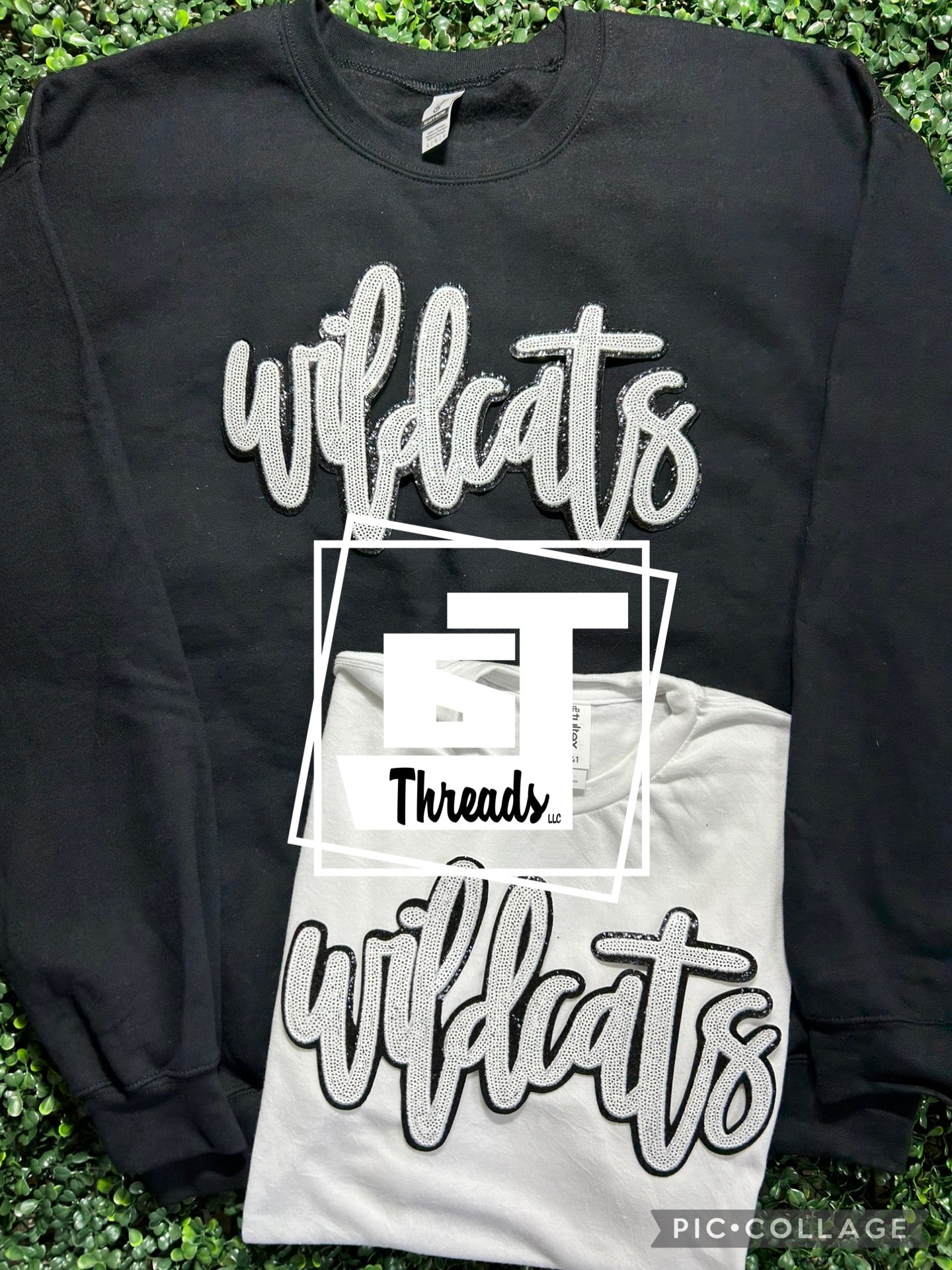 white cursive sequin wildcats shirt on black sweatshirt and white shirt