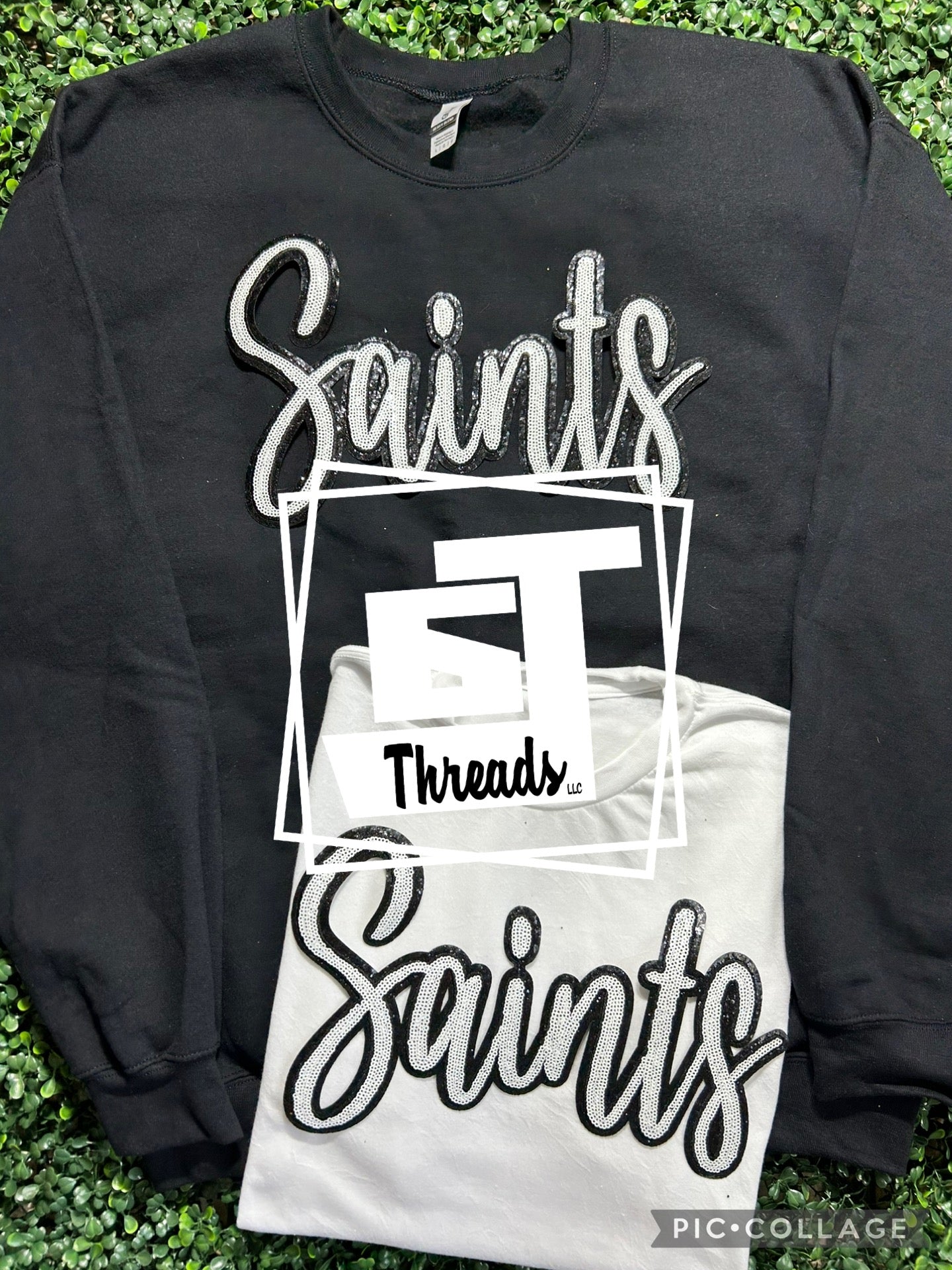Jthreads White Cursive Sequin Saints – 6J Threads LLC