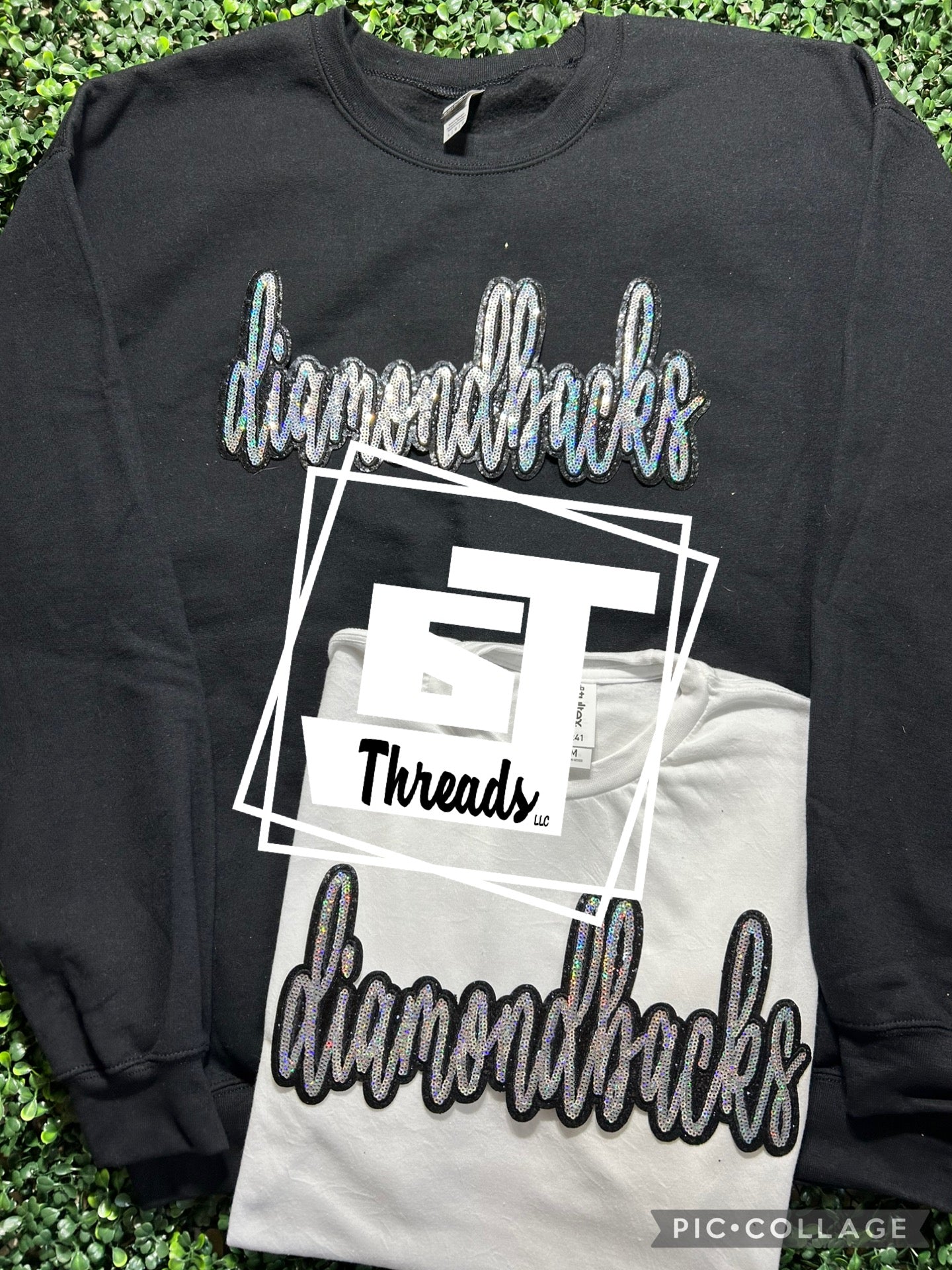 cursive sequin diamondbacks patch on black sweatshirt and white shirt