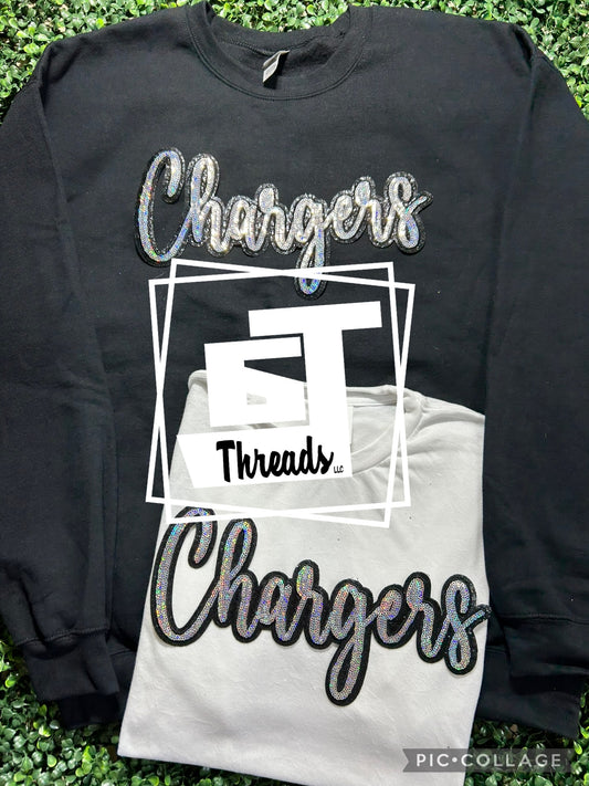 cursive sequin chargers patch on black sweatshirt and white shirt