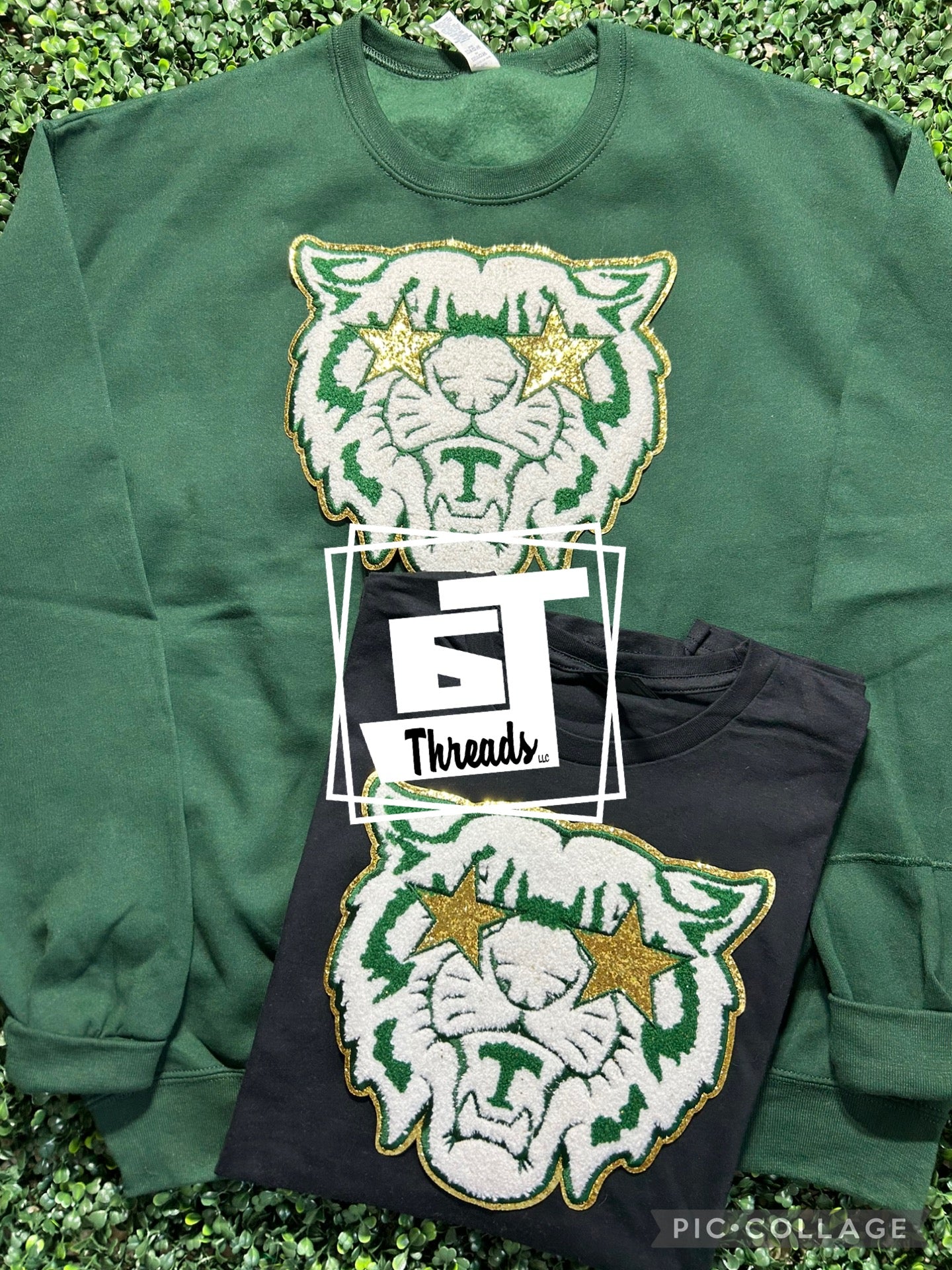 green star eyed wildcat patch on green sweatshirt and black shirt