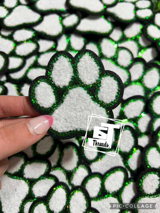 Green and White Chenille Paw Print....Cap Patches Only