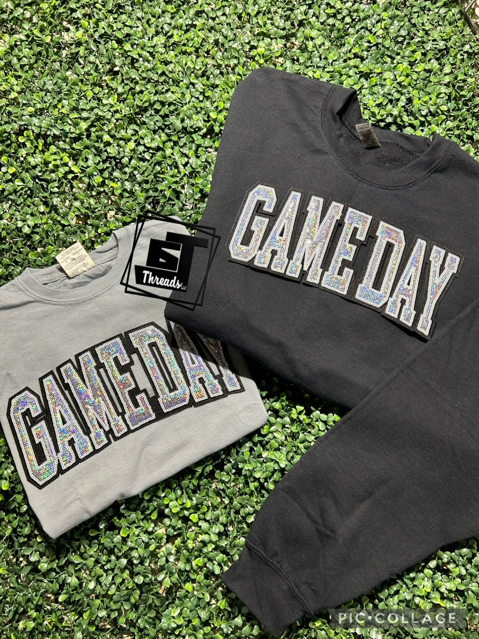 sequin game day patch on black sweatshirt and gray shirt