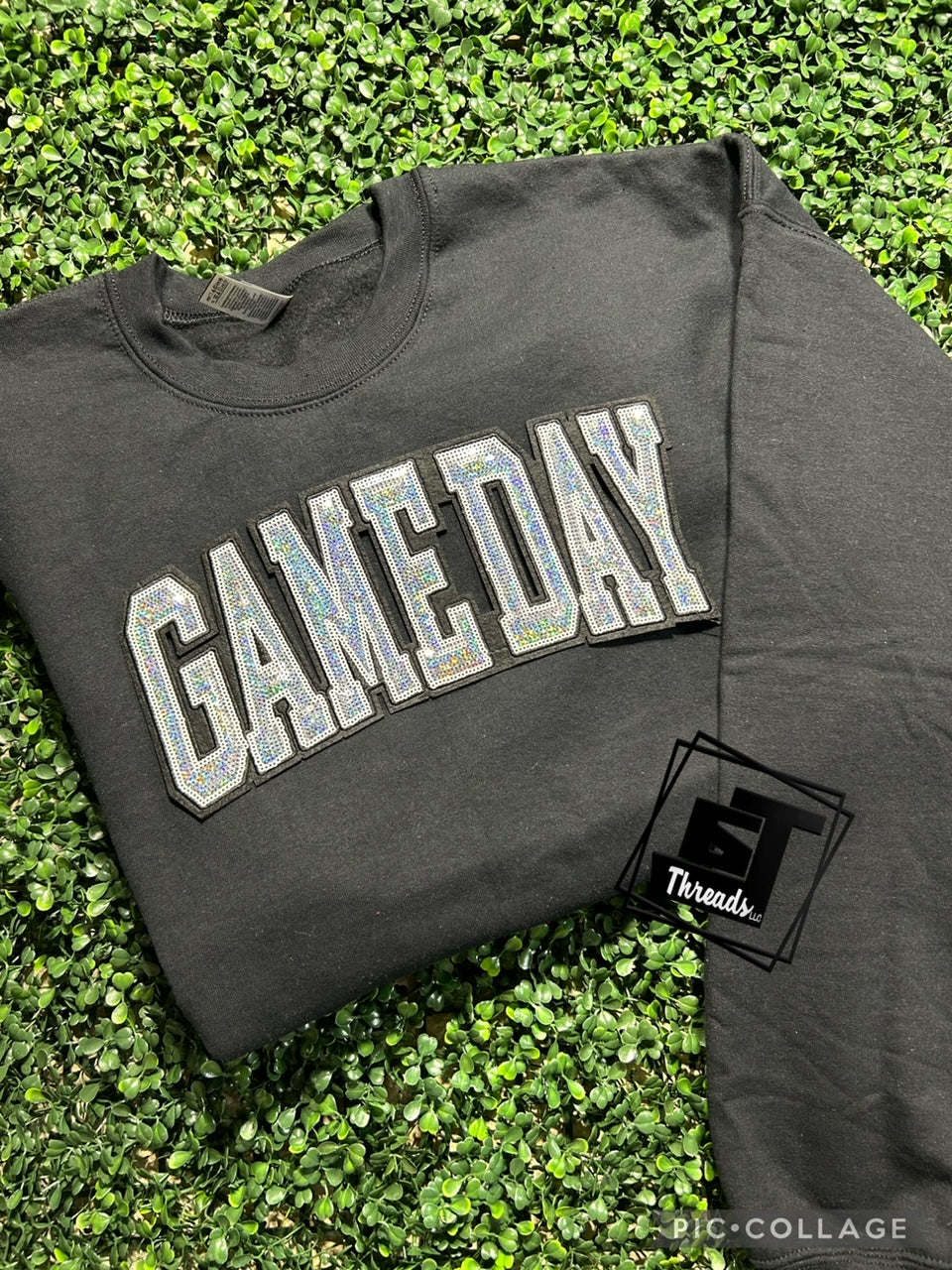 sequin game day patch on black sweatshirt