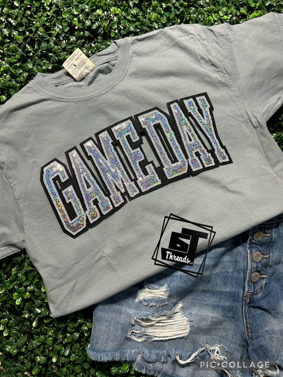 sequin game day patch on gray shirt