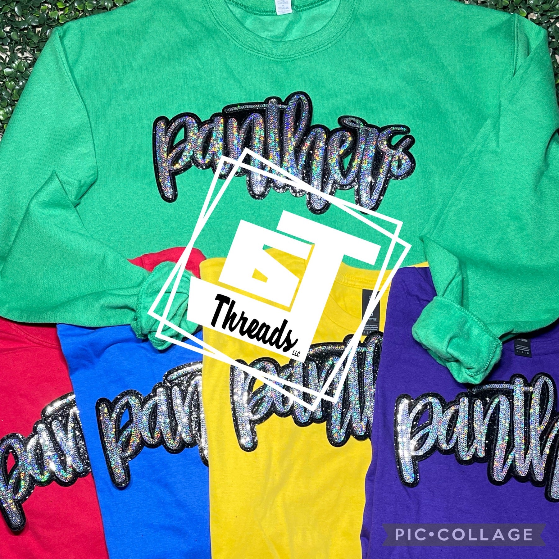 cursive sequin panthers patch on colorful shirts