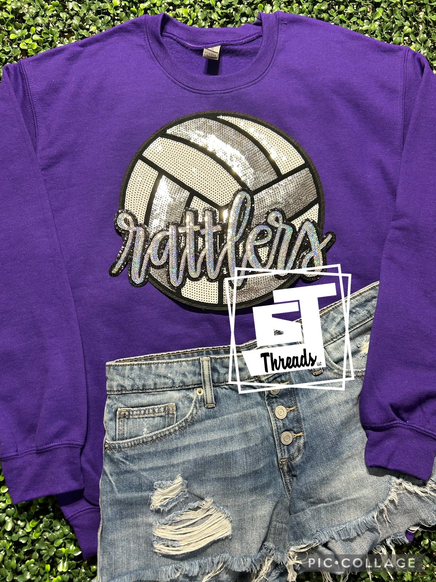 cursive sequin rattlers with volleyball iron on patch purple sweatshirt