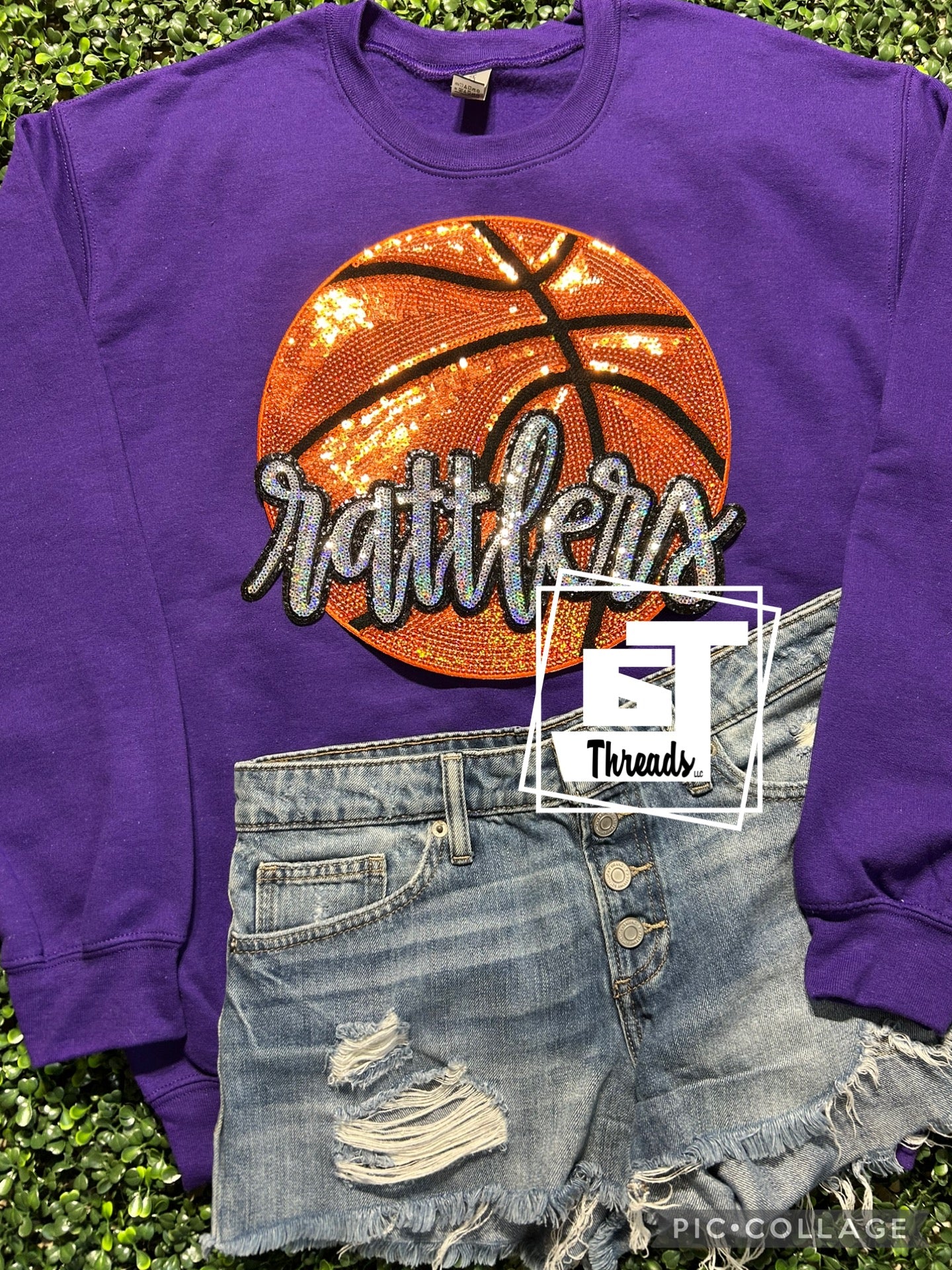 cursive sequin rattlers with basketball iron on patch purple sweatshirt