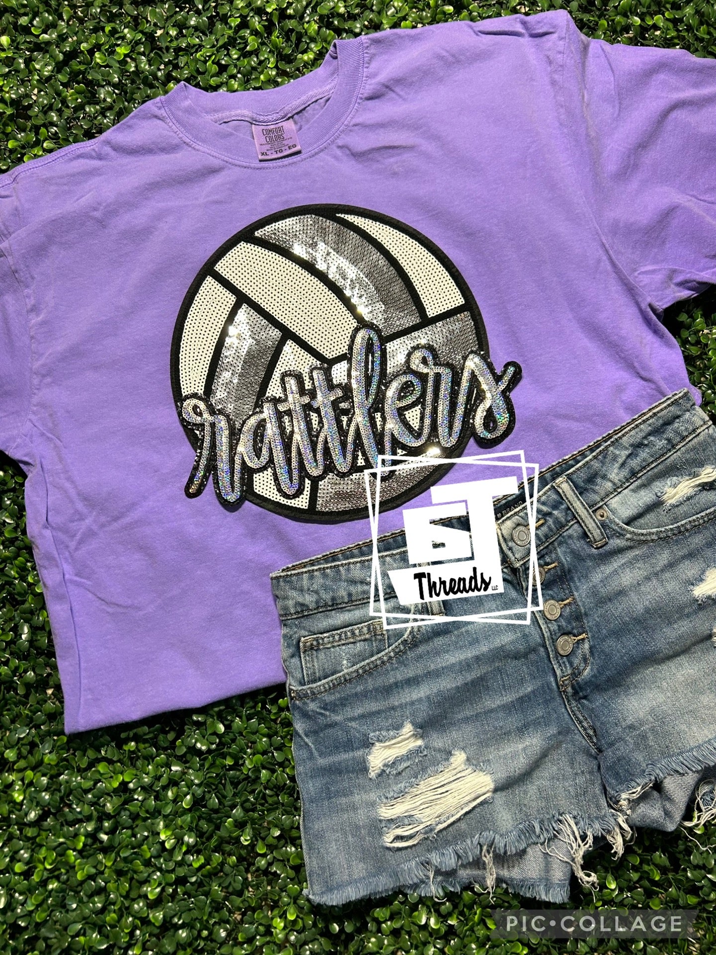 cursive sequin rattlers with volleyball iron on patch purple shirt