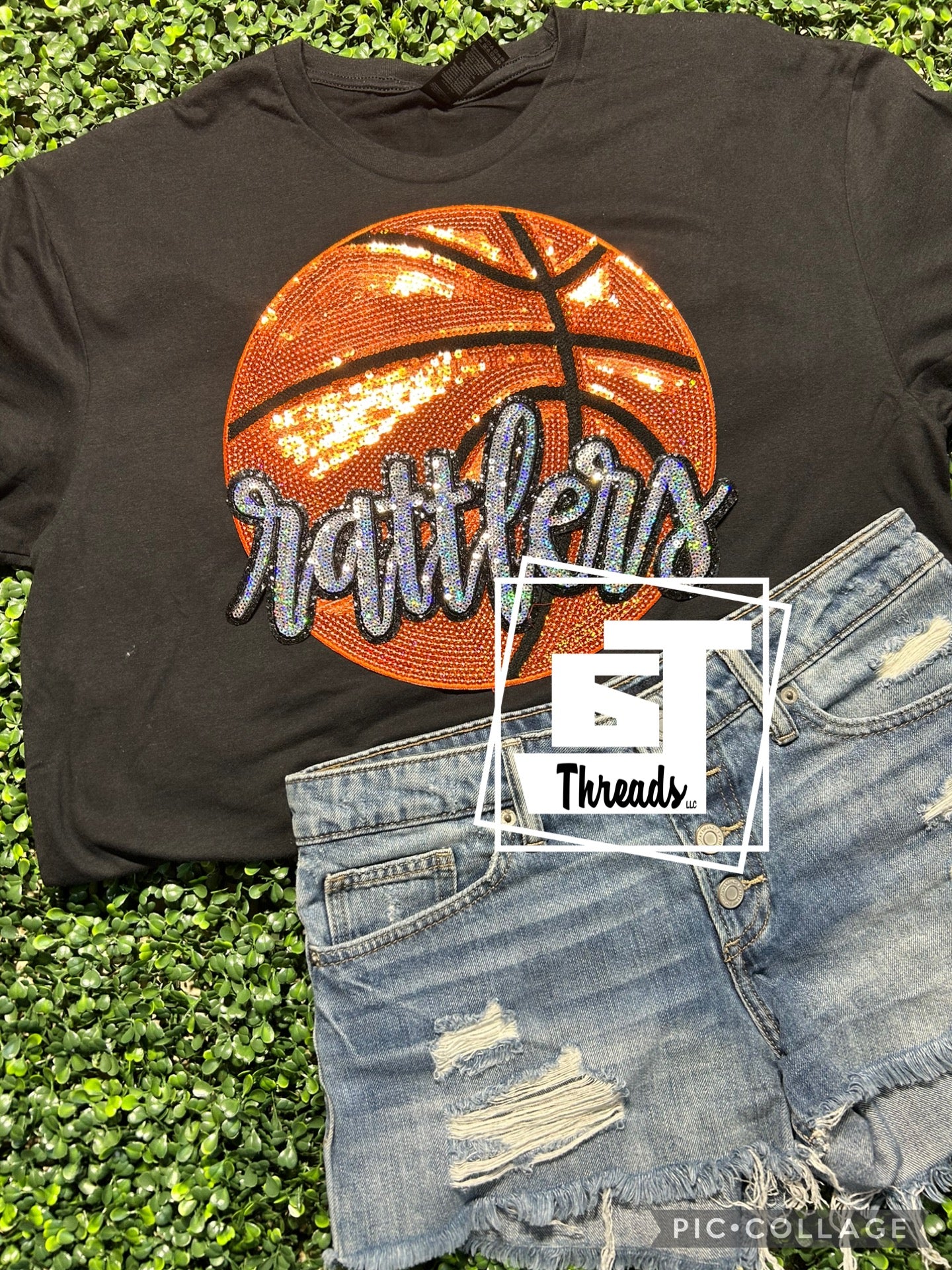 cursive sequin rattlers with basketball iron on patch black shirt