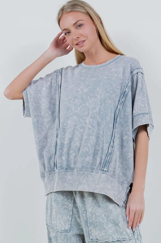 Acid wash blue half sleeve top