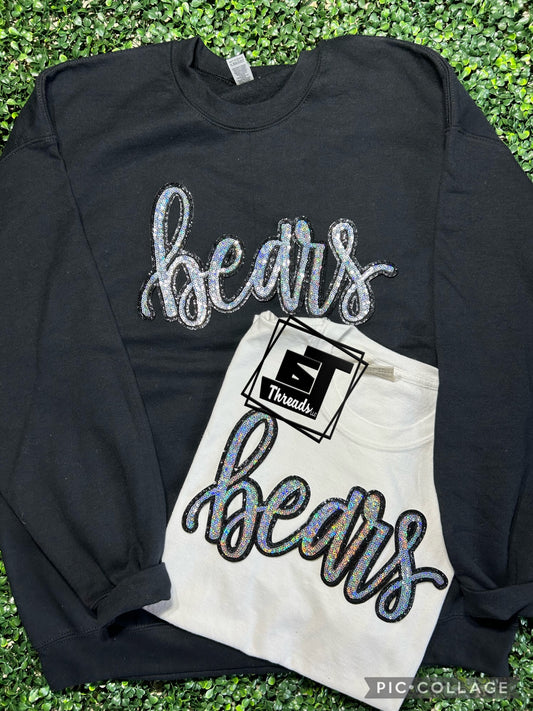 cursive sequin bears patch on black sweatshirt and white shirt