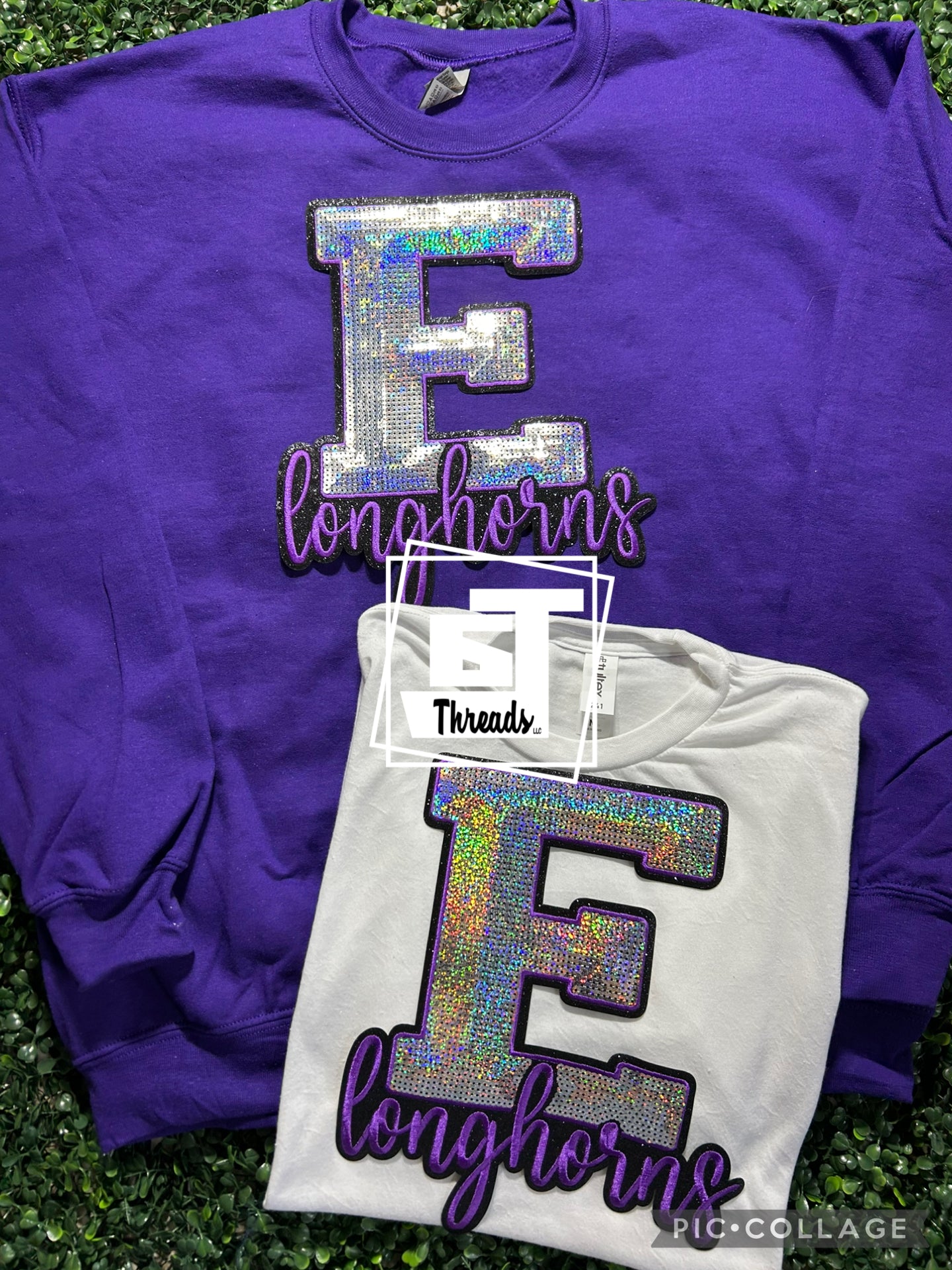 early longhorns patch on purple sweatshirt and white shirt