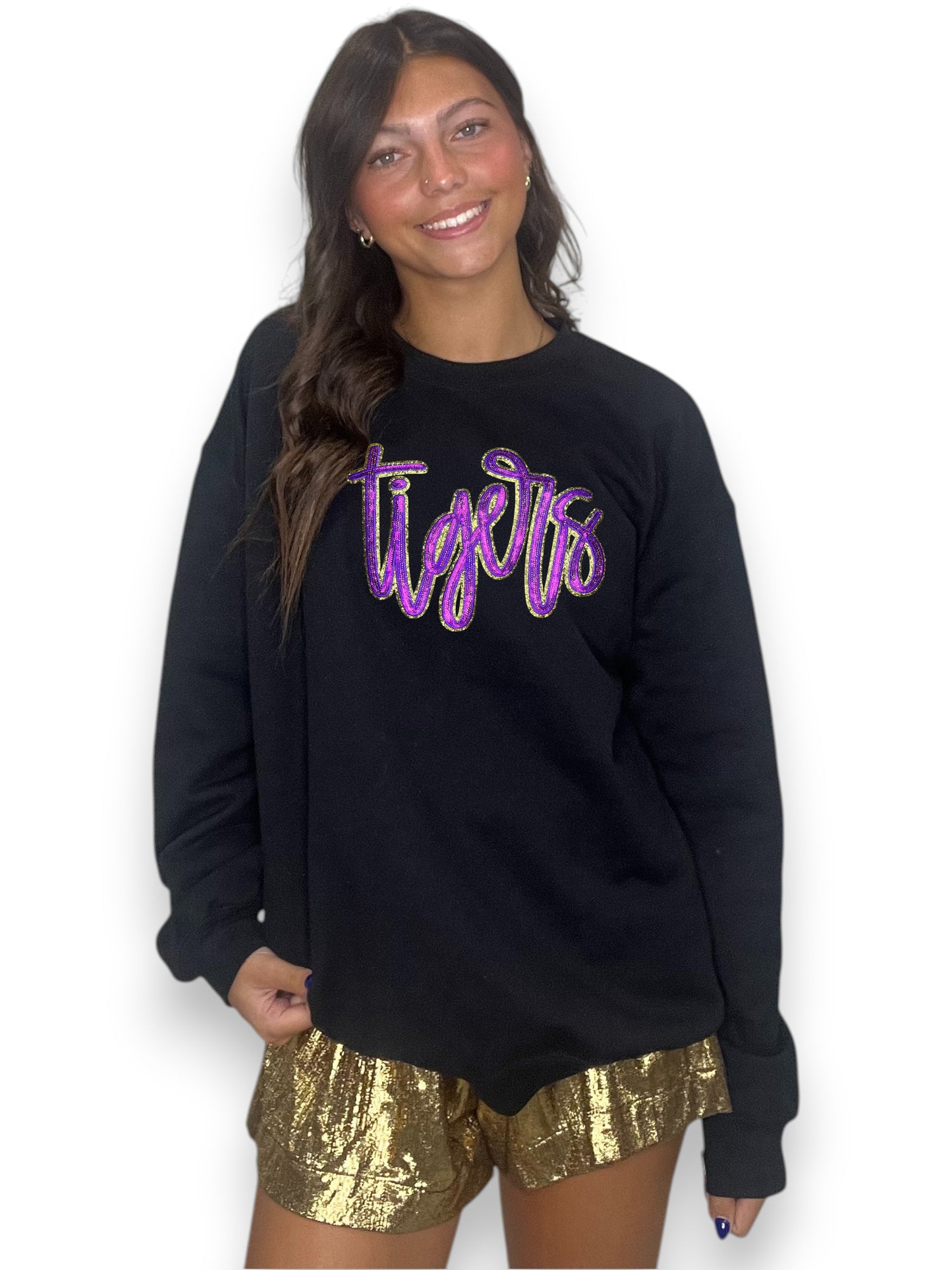 Purple & Gold Cursive Sequin Tigers