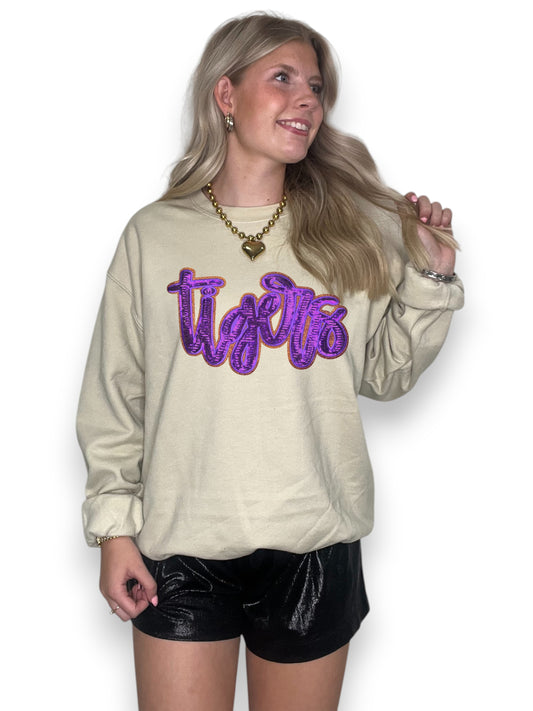 Purple & Orange Cursive Sequin Tigers