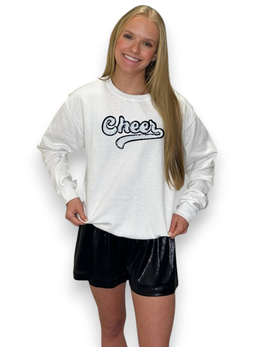 White Cursive Sequin Cheer