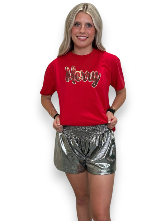 Red Cursive Sequin Merry