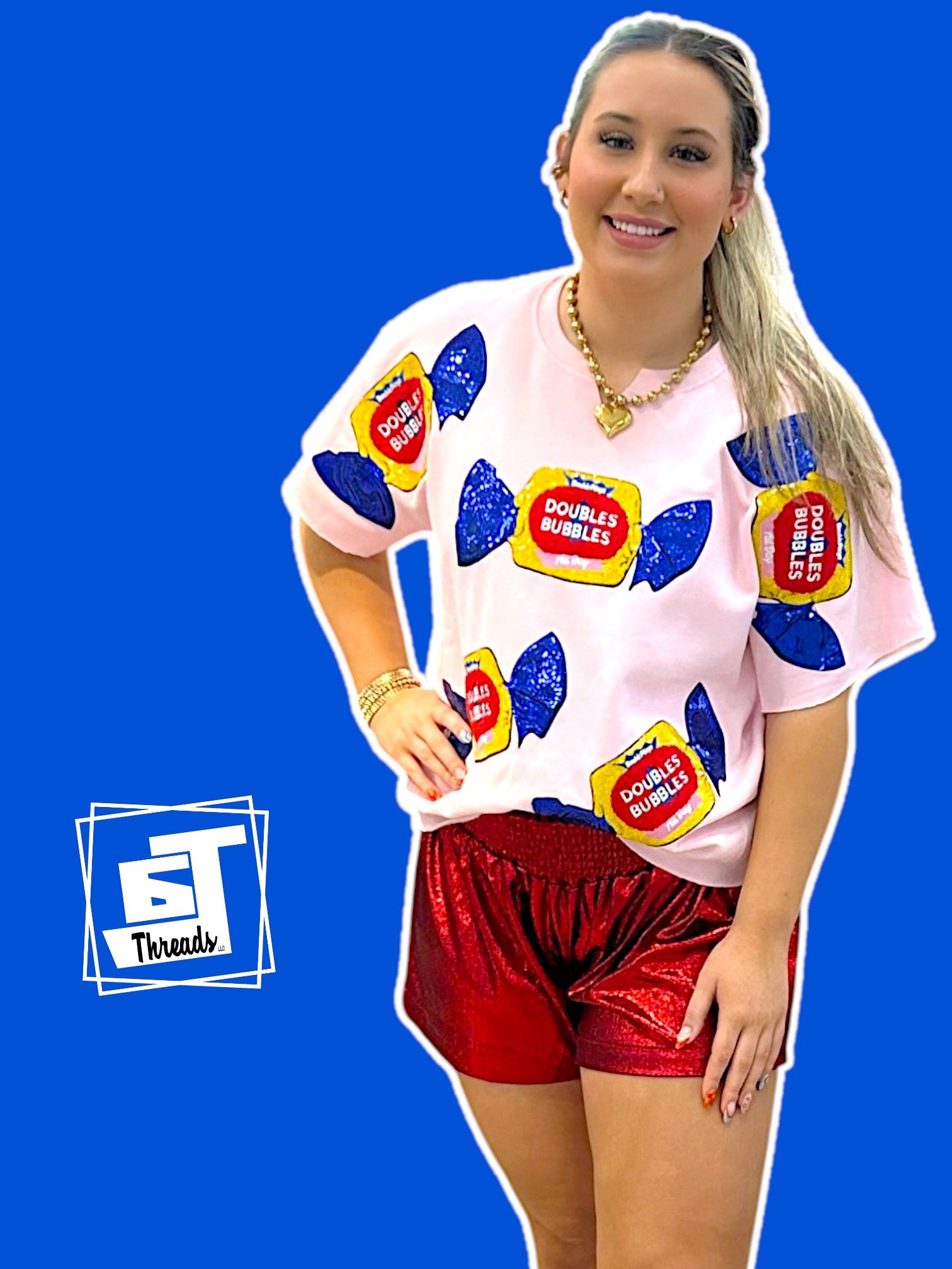 sequin bubble gum on pink shirt, all over print