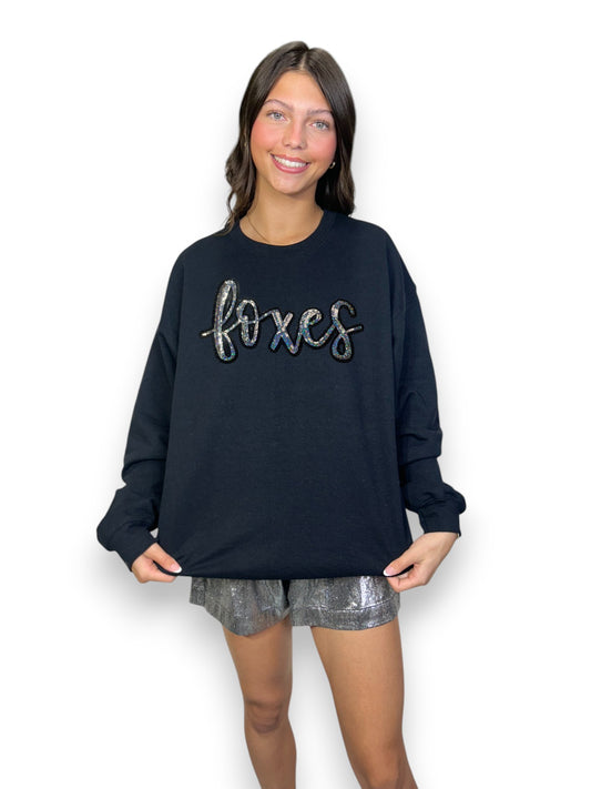 Cursive Sequin Foxes on black sweatshirt