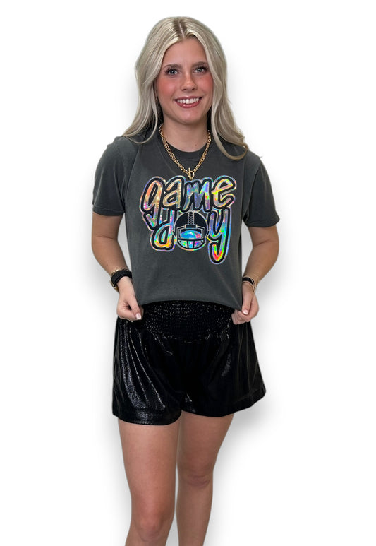 Metallic Football Helmet Game Day on gray tee