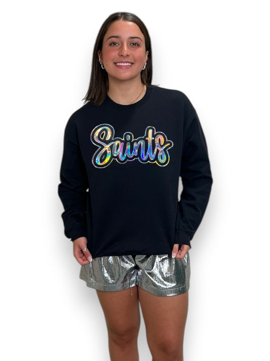 Cursive Metallic Saints on black sweatshirt