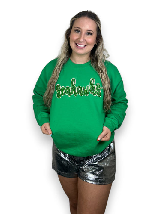 Green Cursive Sequin Seahawks on green sweatshirt