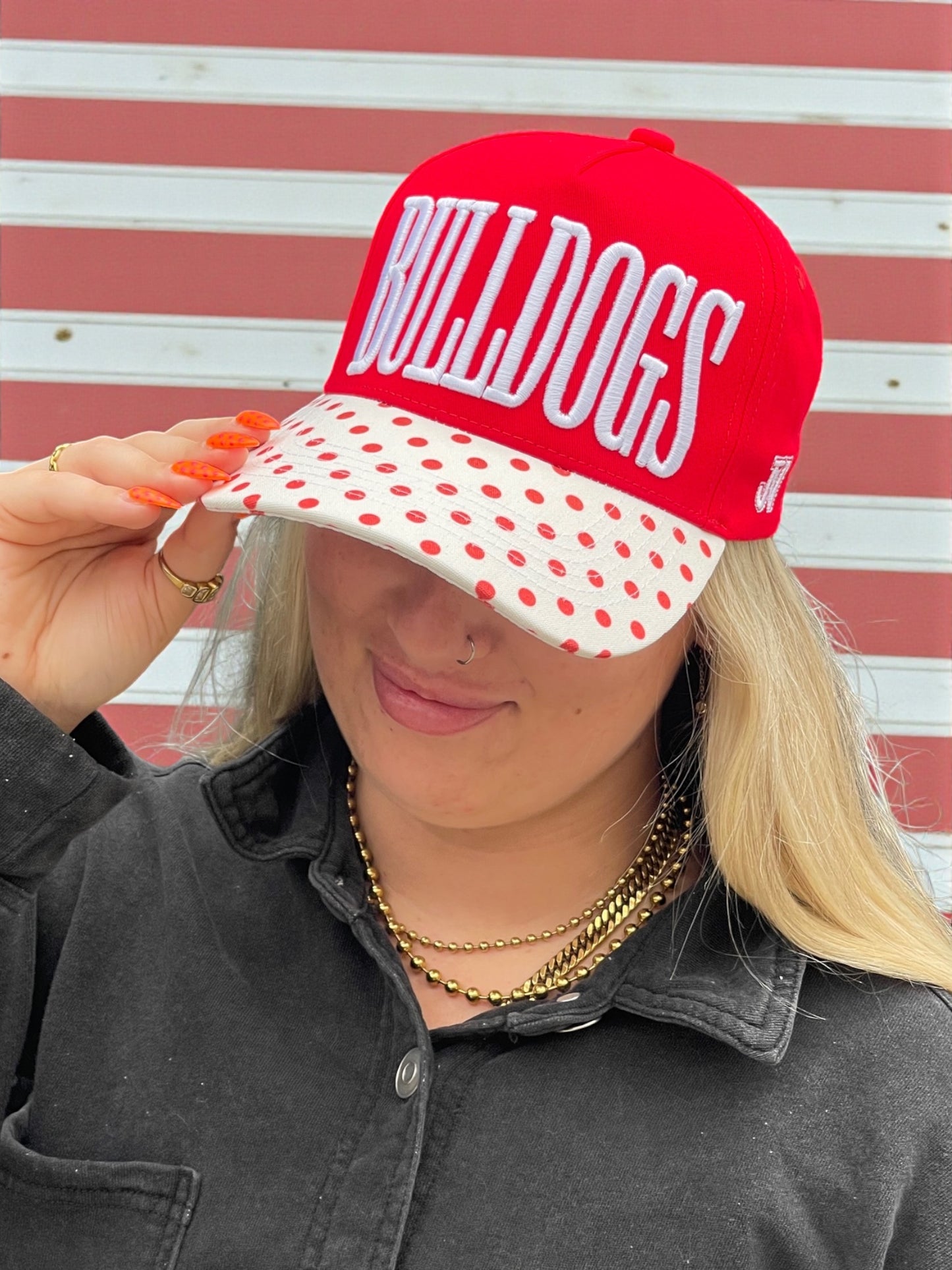 red and white polka dot bulldogs cap