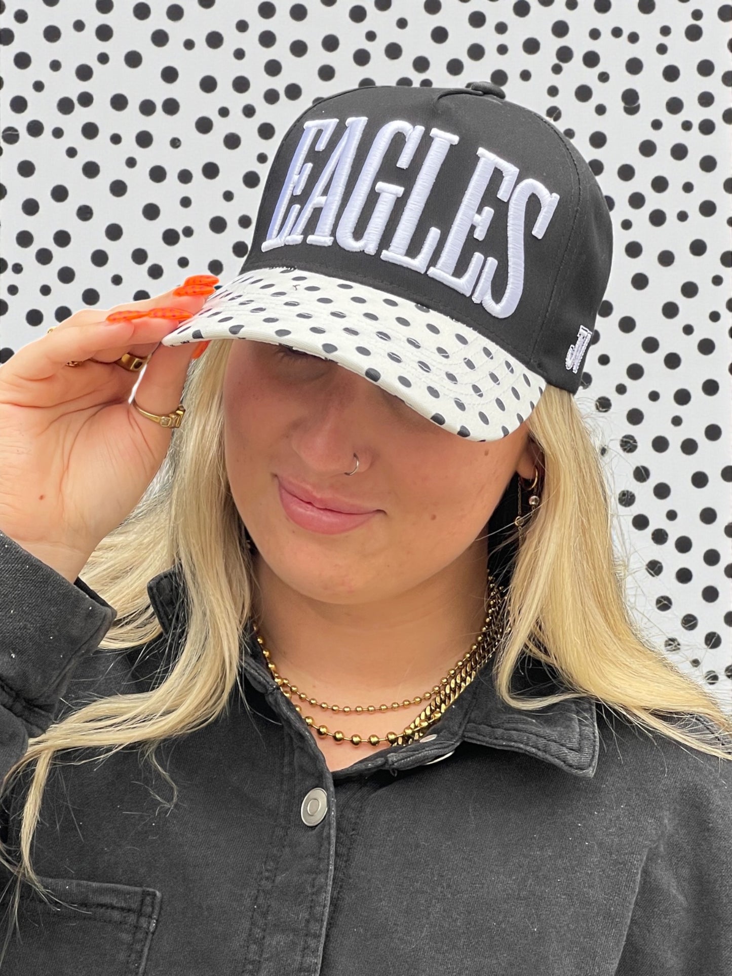 black and white polka dot eagles cap