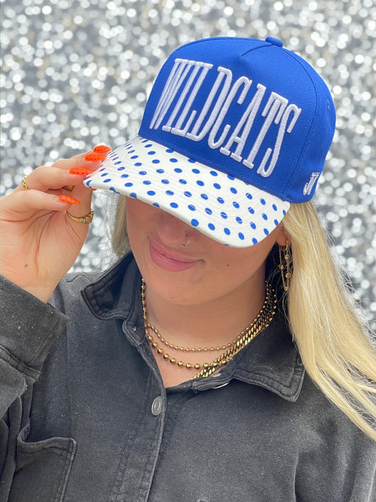blue and white polka dot wildcats cap