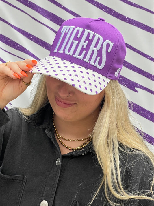 purple and white polka dot tigers cap