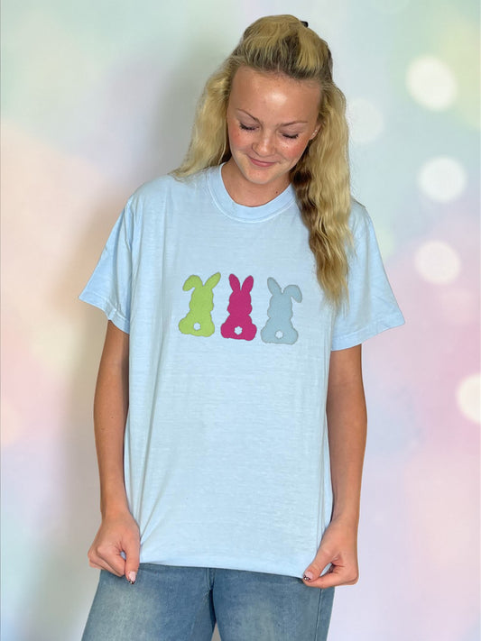 Fuzzy Green Pink and Blue Three Bunnies Patch T-Shirt