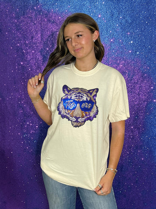 purple and blue tiger head with sunglasses