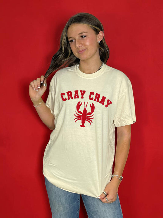 red cray cray crawfish background with patch and off-white t- shirt