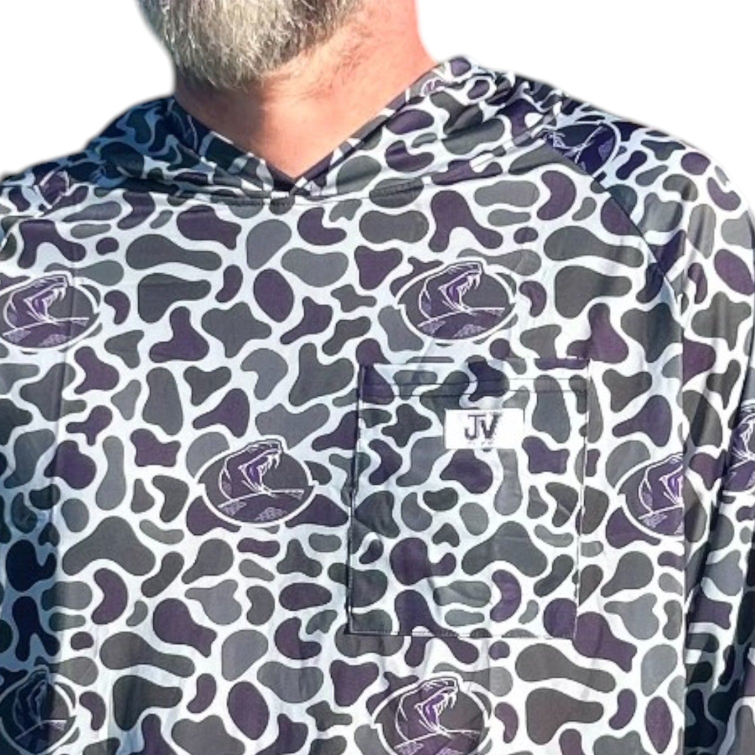 Up close pocket of rattler camo long sleeve