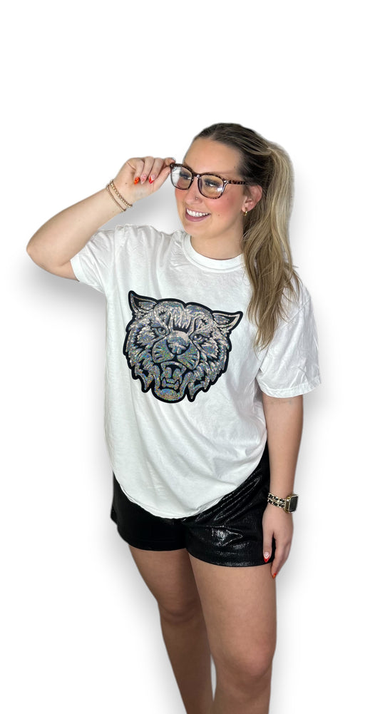 Sequin Wildcat Head on white tee